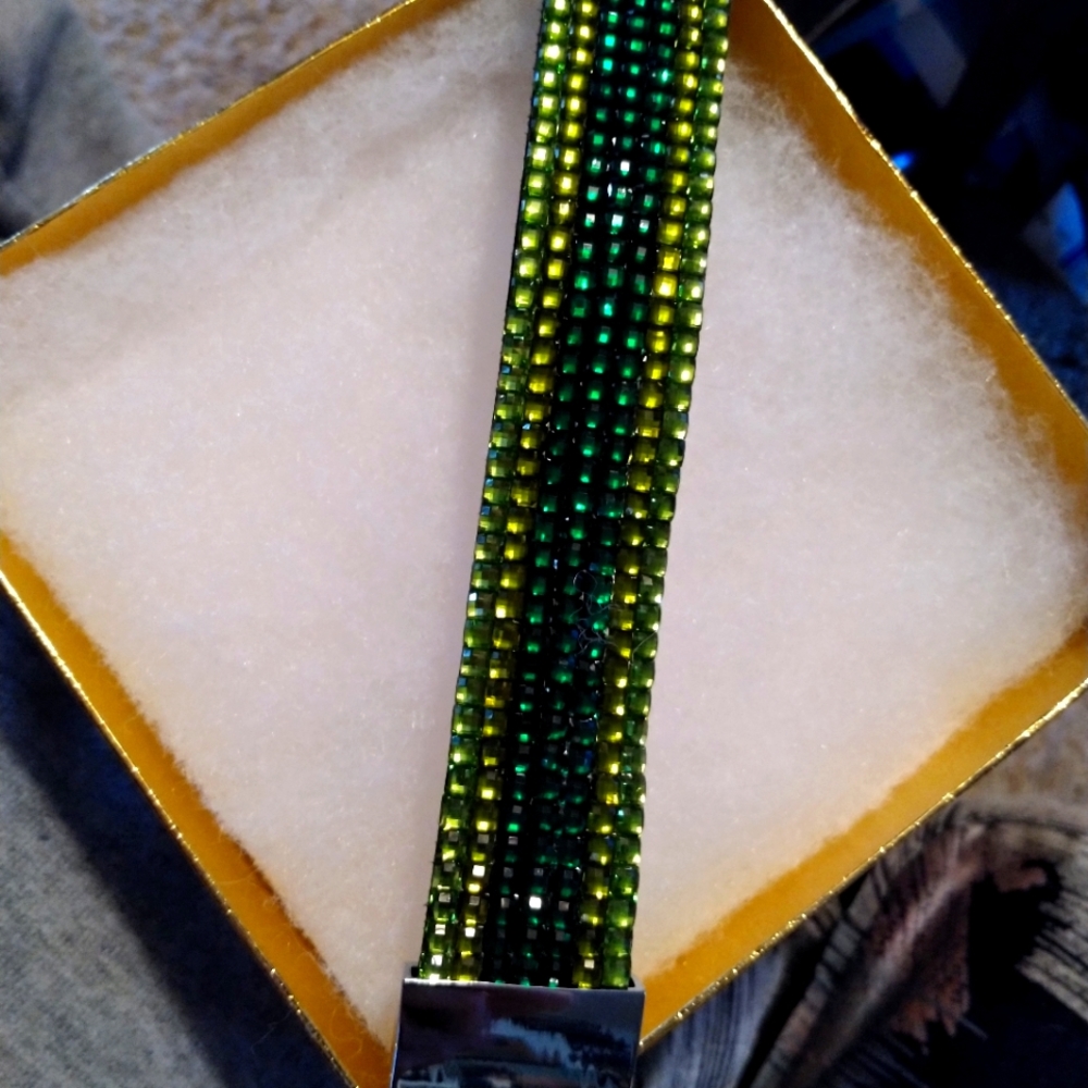 Facetted Squares of Lime and Emerald Crystals on Suede with Fancy Closure